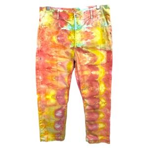 LOFT Size 10P Pants Handmade Tie Dye The Perfect Straight Pants Red Yellow 542‎